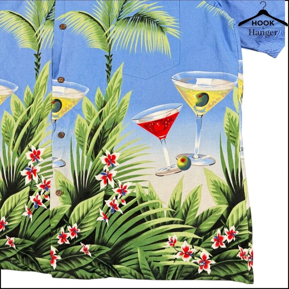 Vintage RJC Hawaiian Camp Shirt 3XL Blue Martini Tropical Palm USA Vacation Blue - Picture 2 of 8